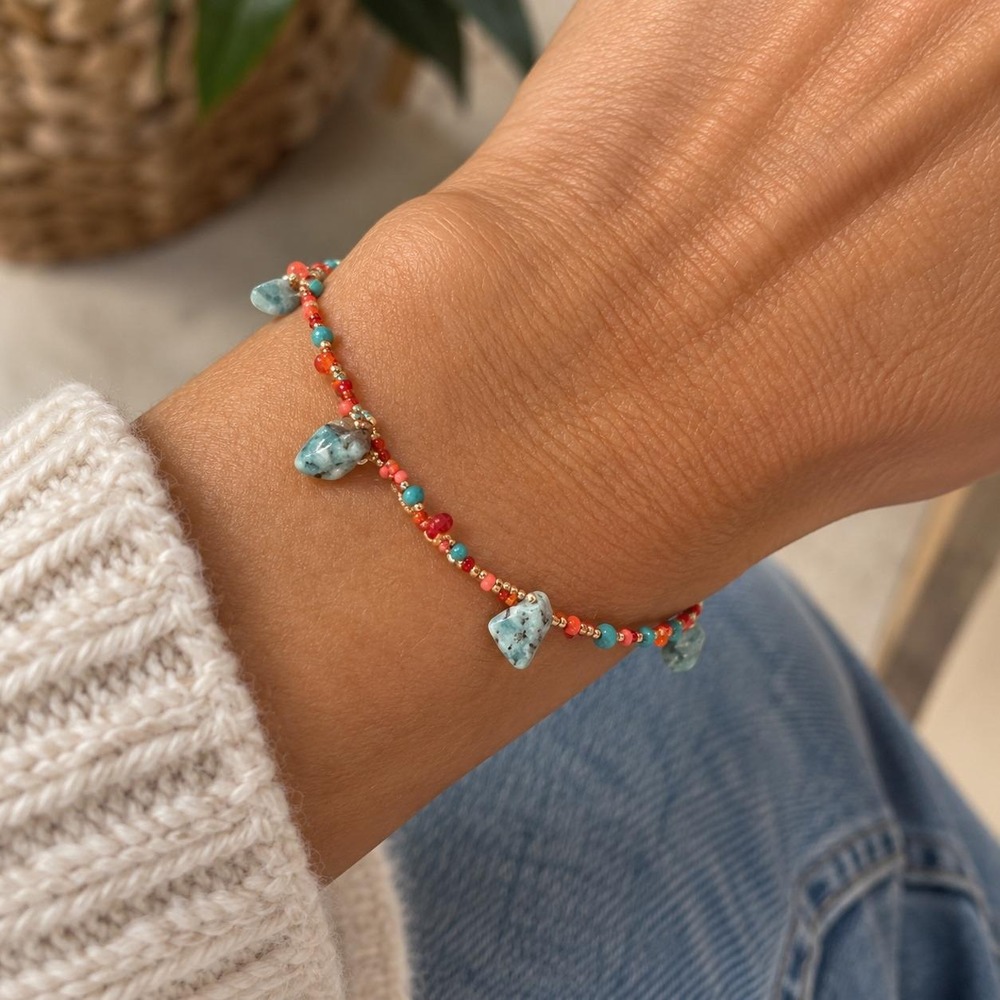 coastal beaded Bracelet small anklet coral bead with Blue and Orange Accents